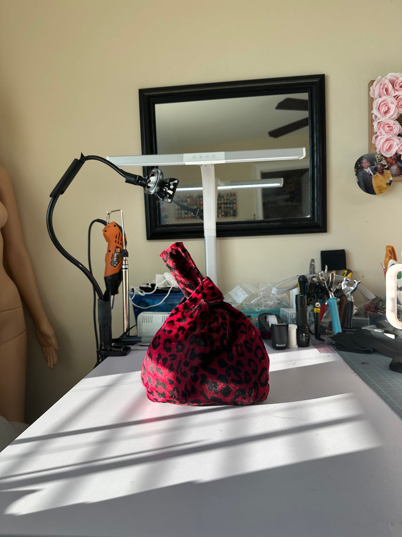 Red Leopard Suede Japanese Knot Bag