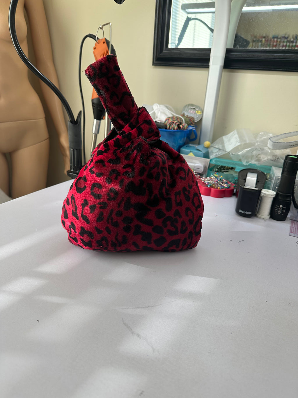 Red Leopard Suede Japanese Knot Bag