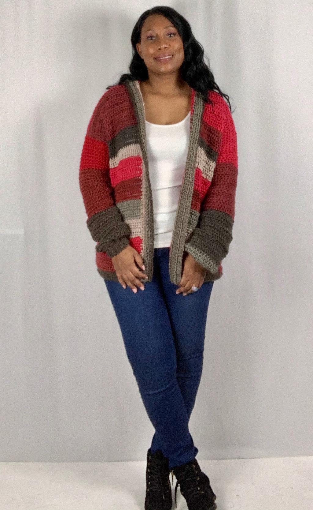 Hooded Hand Crochet Cardigan - Red Color Block