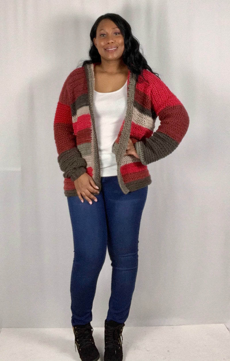 Hooded Hand Crochet Cardigan - Red Color Block