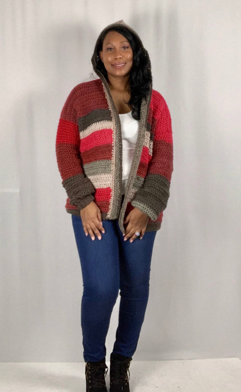 Hooded Hand Crochet Cardigan - Red Color Block